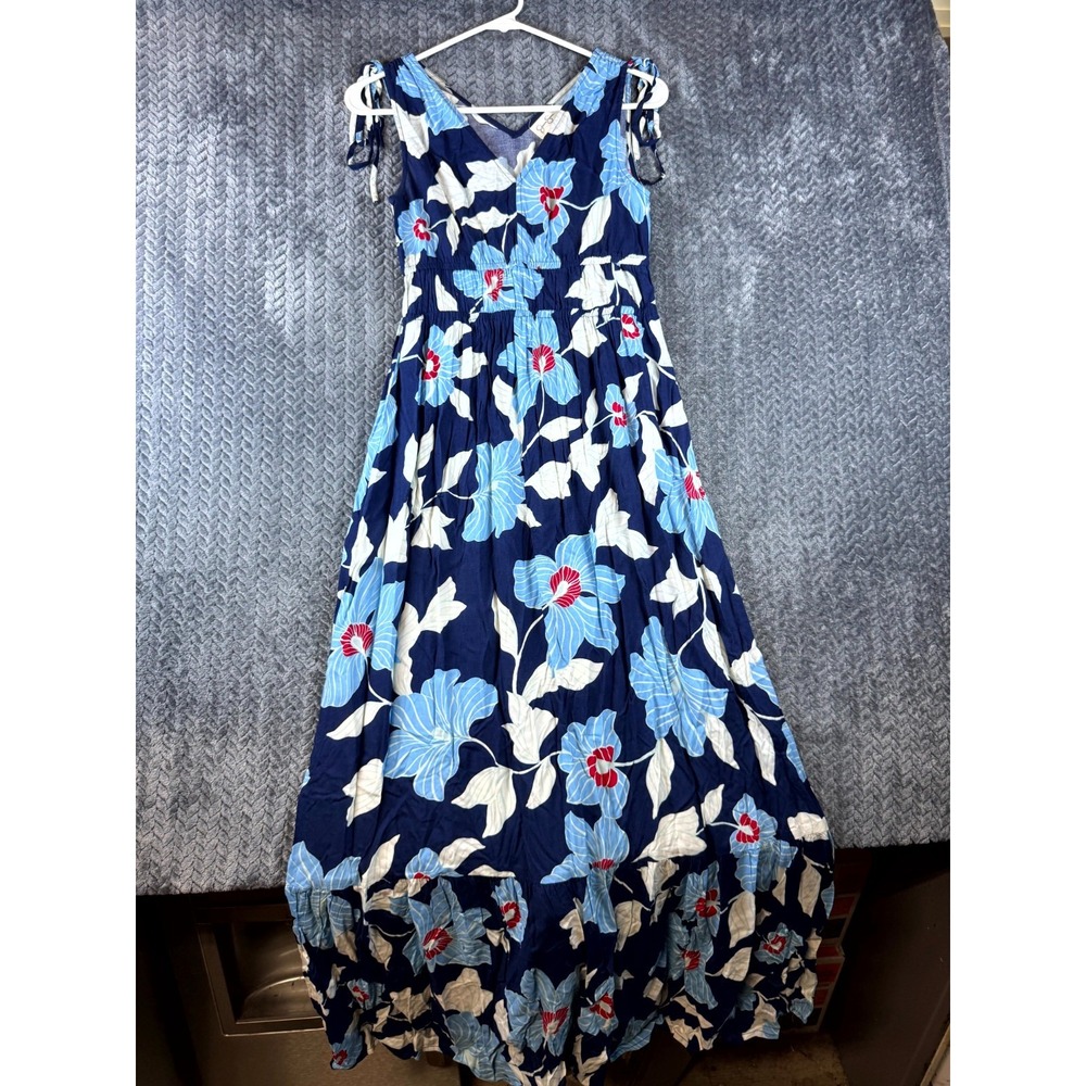 Jessica Simpson Tiered Maxi Dress Womens Small Blue Floral Print V Neck Party